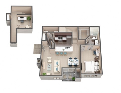 A 3D floor plan of a house with a kitchen, living room, and bathroom.
